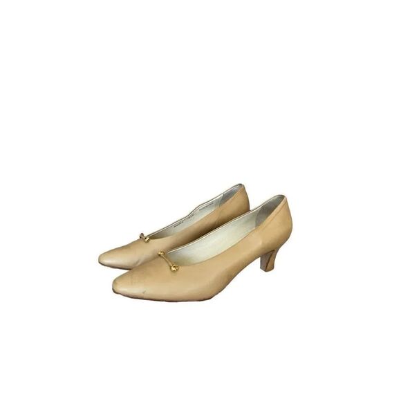 Bally Shoes - Bally Womens Tan Leather Style Flex Gold Knot Cone Heel Pump Size 8.5